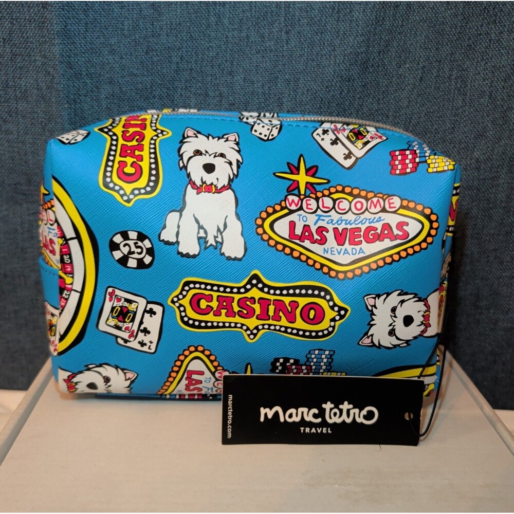 NWT Marc Tetro Las Vegas Westie Travel Bag Blue Saffiano Cosmetic Pouch New - Picture 2 of 16